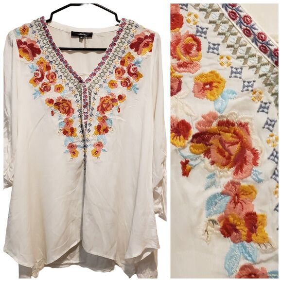 ANDREE BY UNIT White Embroidered Floral Tunic Top Shirt M Boho Roll Tab Sleeves - Picture 1 of 7